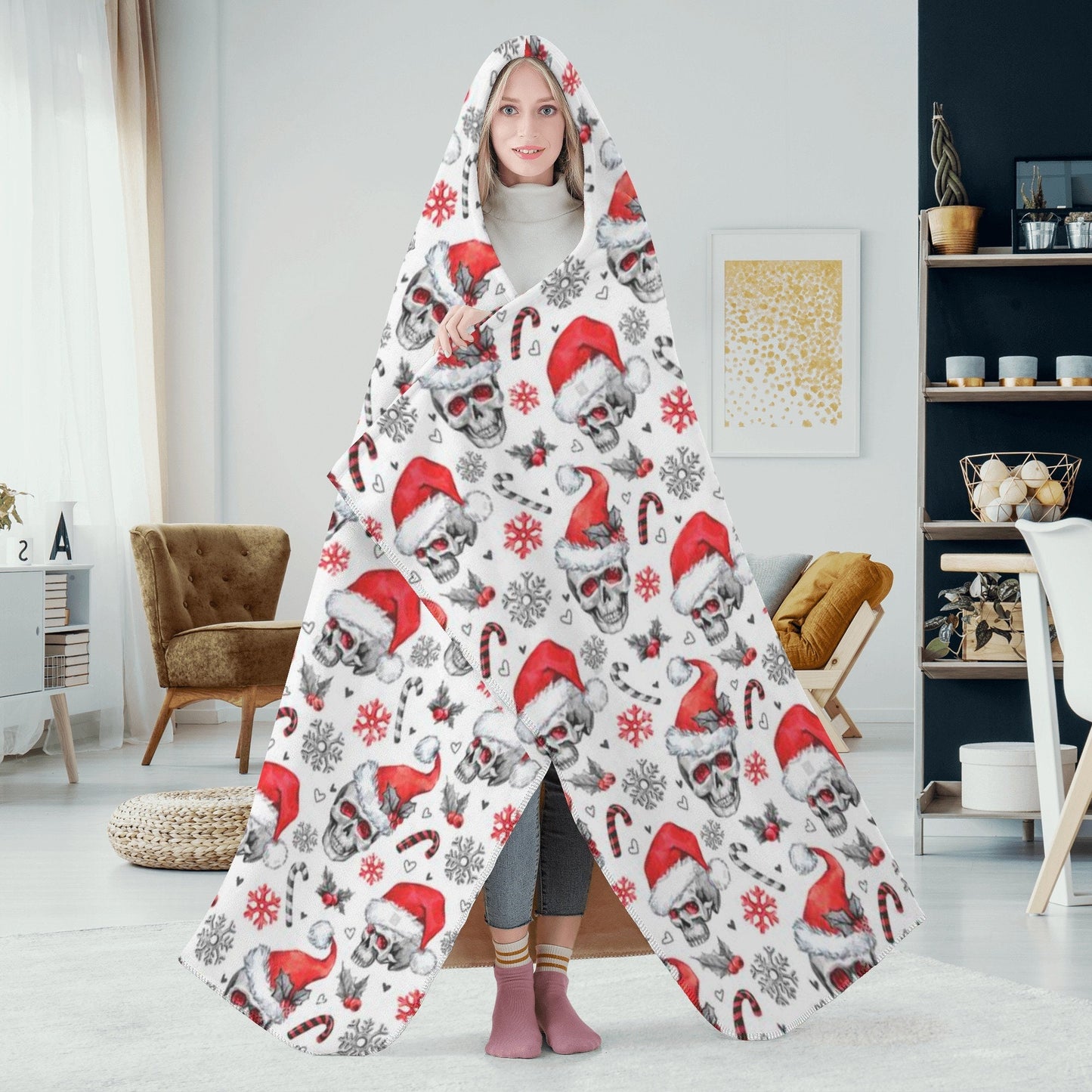 Grim reaper hooded blanket, Christmas skull hooded fleece blanket, skull in fire blanket hoodie, skull in fire christmas hooded blanket