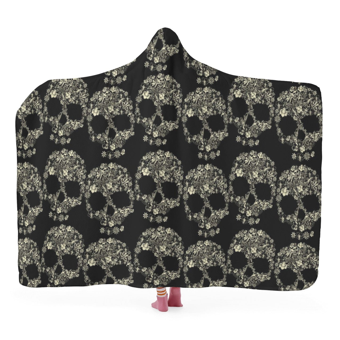 Candy skull blanket hoodie, floral sugar skull hooded blanket adult, calaveras skull warm blanket, mexican skull flannel hooded blanket