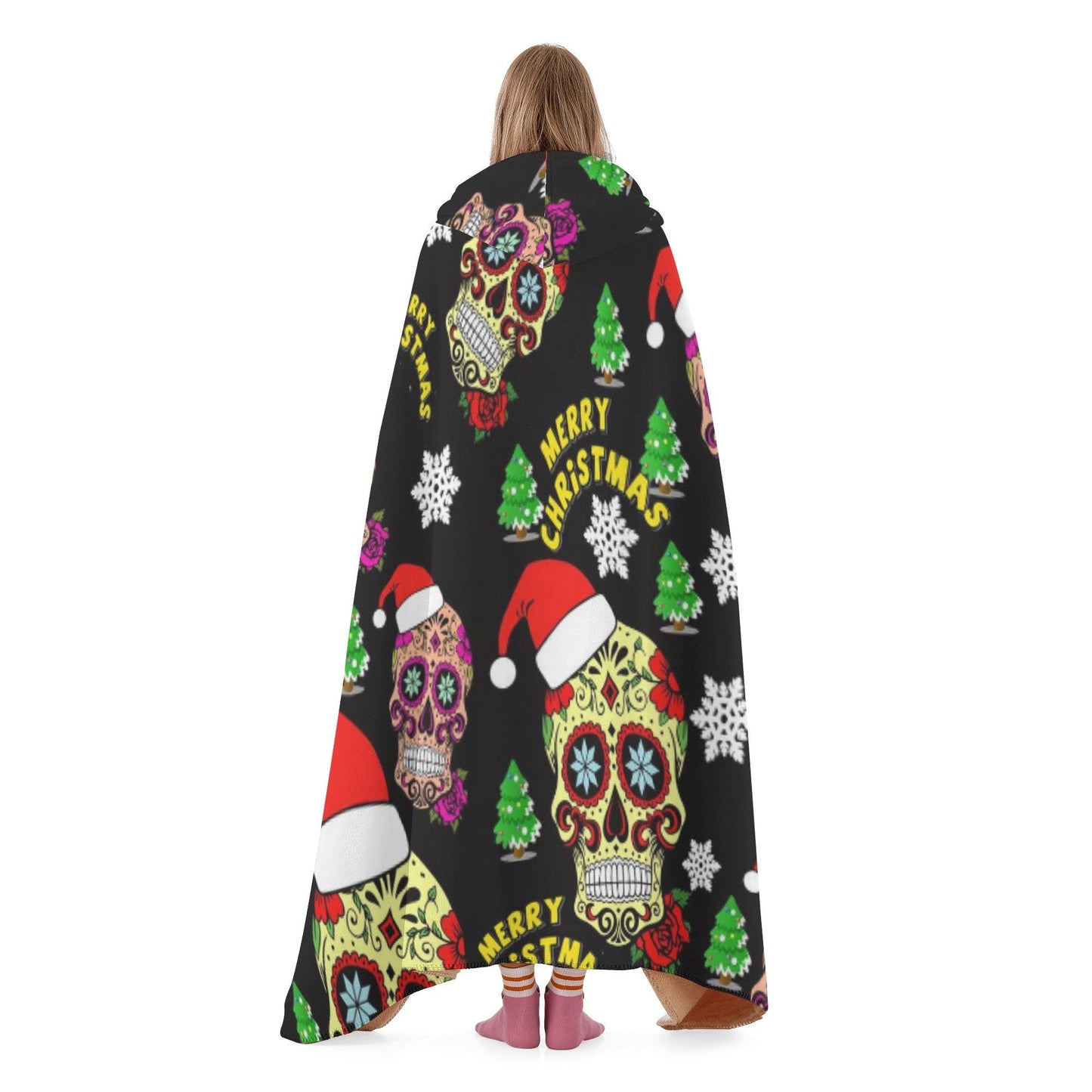 Christmas sugar skull hooded fleece blanket, day of the dead hoodie blanket, candy skull blanket hoodie, floral sugar skull hooded blanket