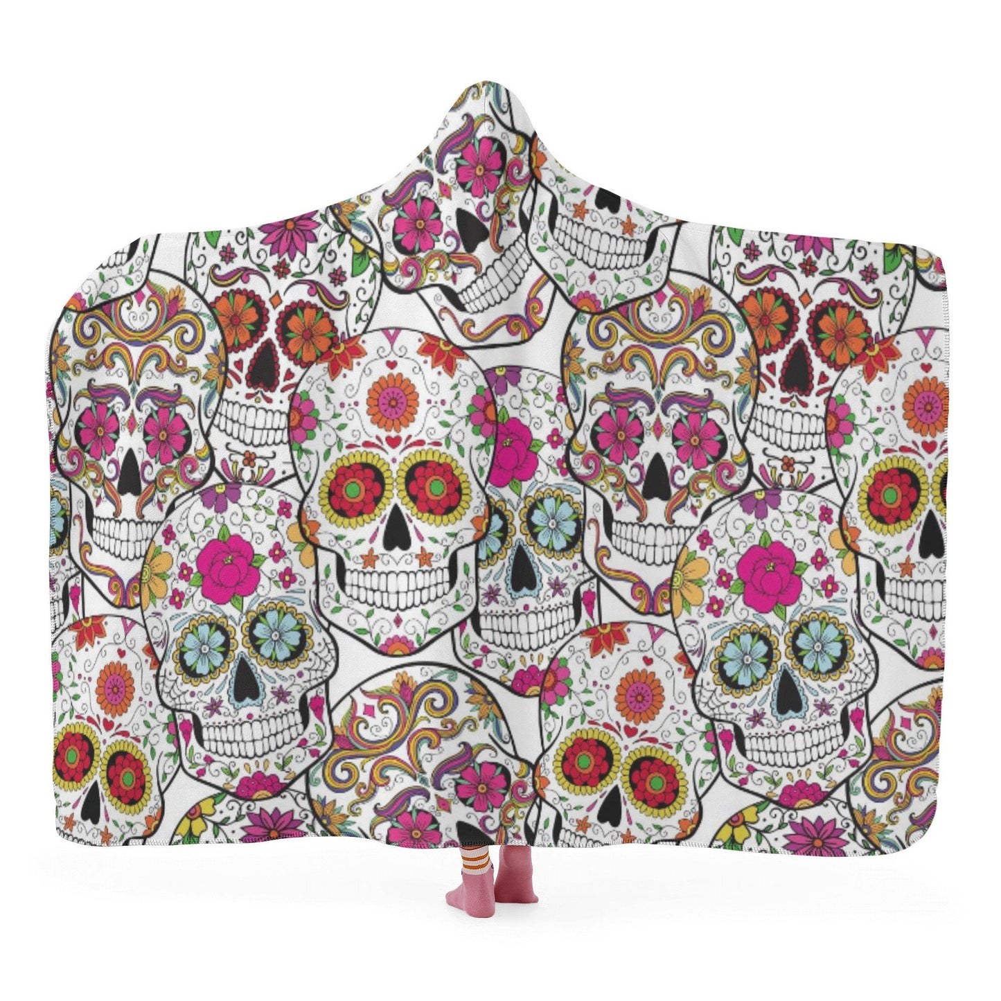 Sugar skull blanket hooded, mexico hooded fleece blanket, mexican skull throw hooded, sugar skull girl fleece blanket, floral skull blanket