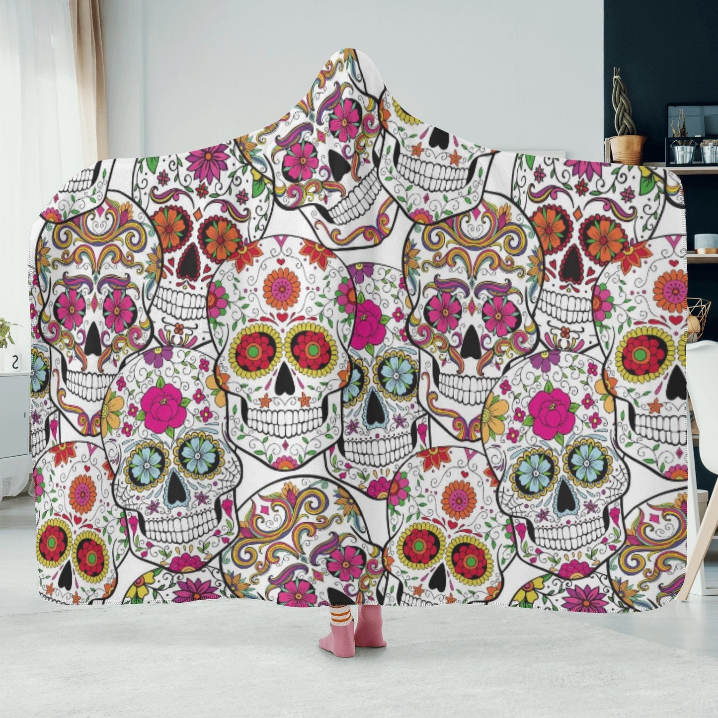 Sugar skull blanket hooded, mexico hooded fleece blanket, mexican skull throw hooded, sugar skull girl fleece blanket, floral skull blanket