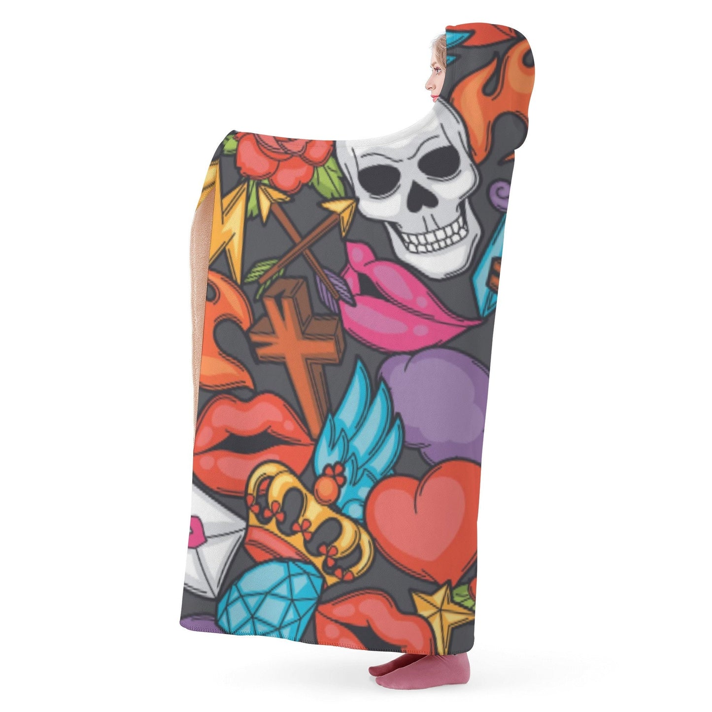 Halloween sherpa blanket, floral skull hoodie blanket, horror fleece blanket, floral skull sherpa blanket, grim reaper warm blanket hoodie