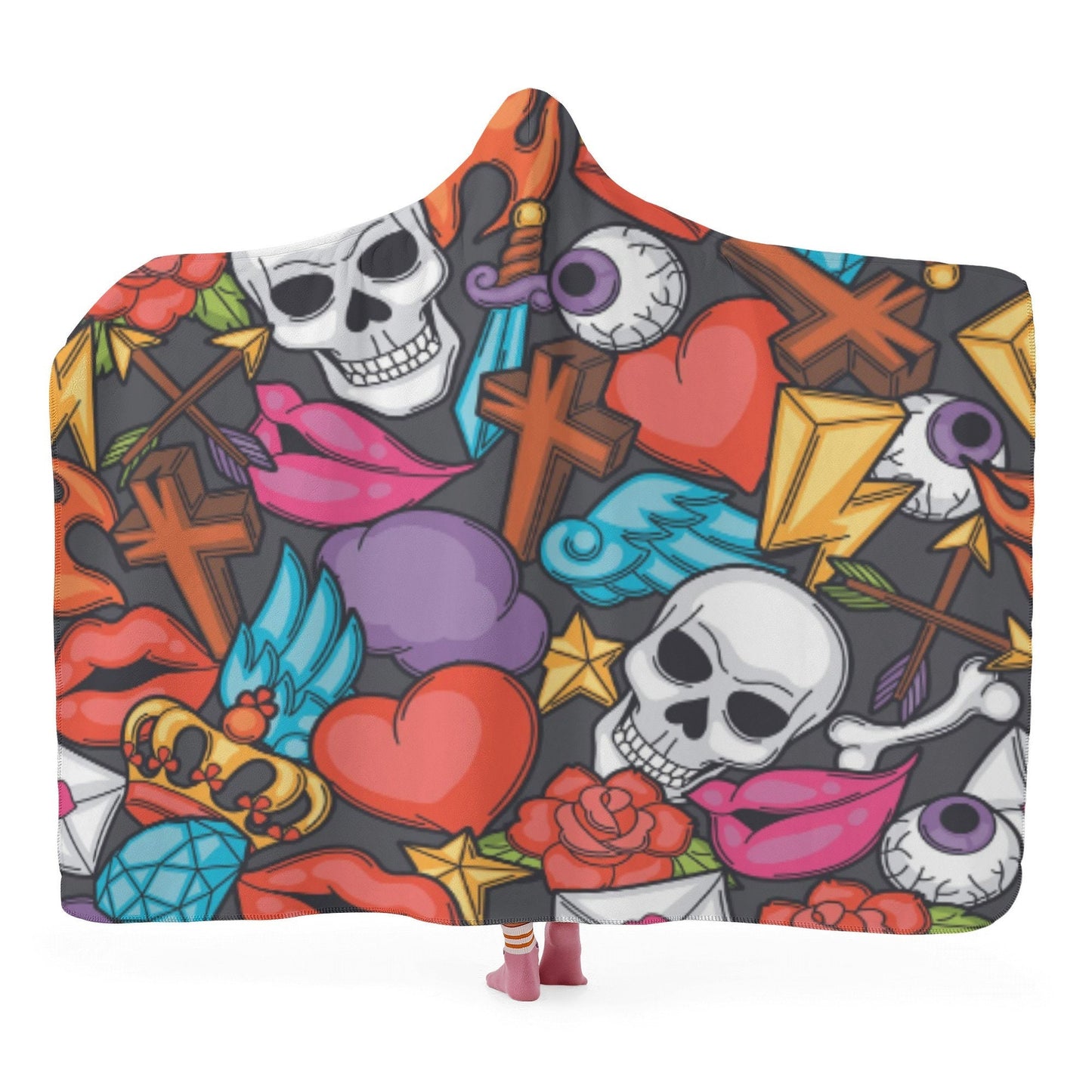 Halloween sherpa blanket, floral skull hoodie blanket, horror fleece blanket, floral skull sherpa blanket, grim reaper warm blanket hoodie