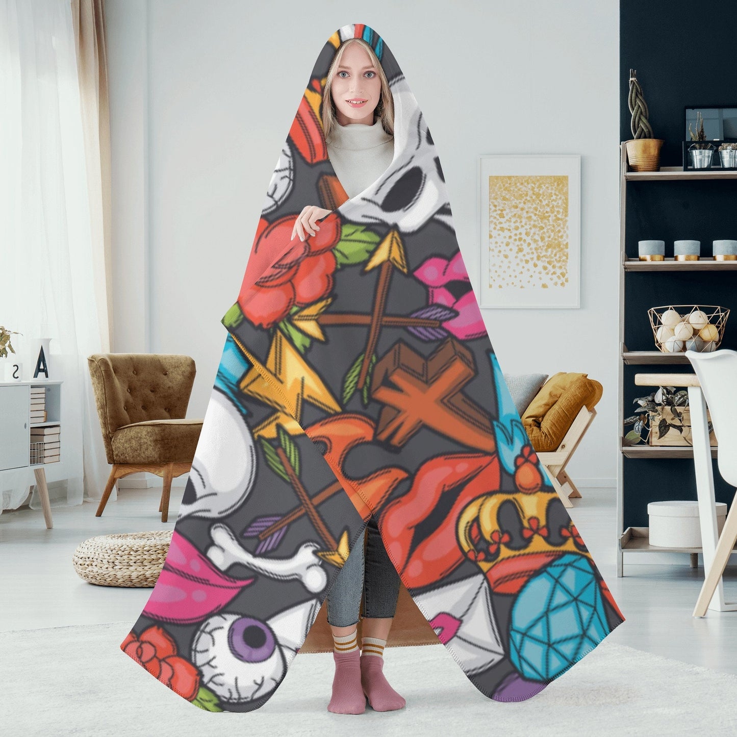 Halloween sherpa blanket, floral skull hoodie blanket, horror fleece blanket, floral skull sherpa blanket, grim reaper warm blanket hoodie