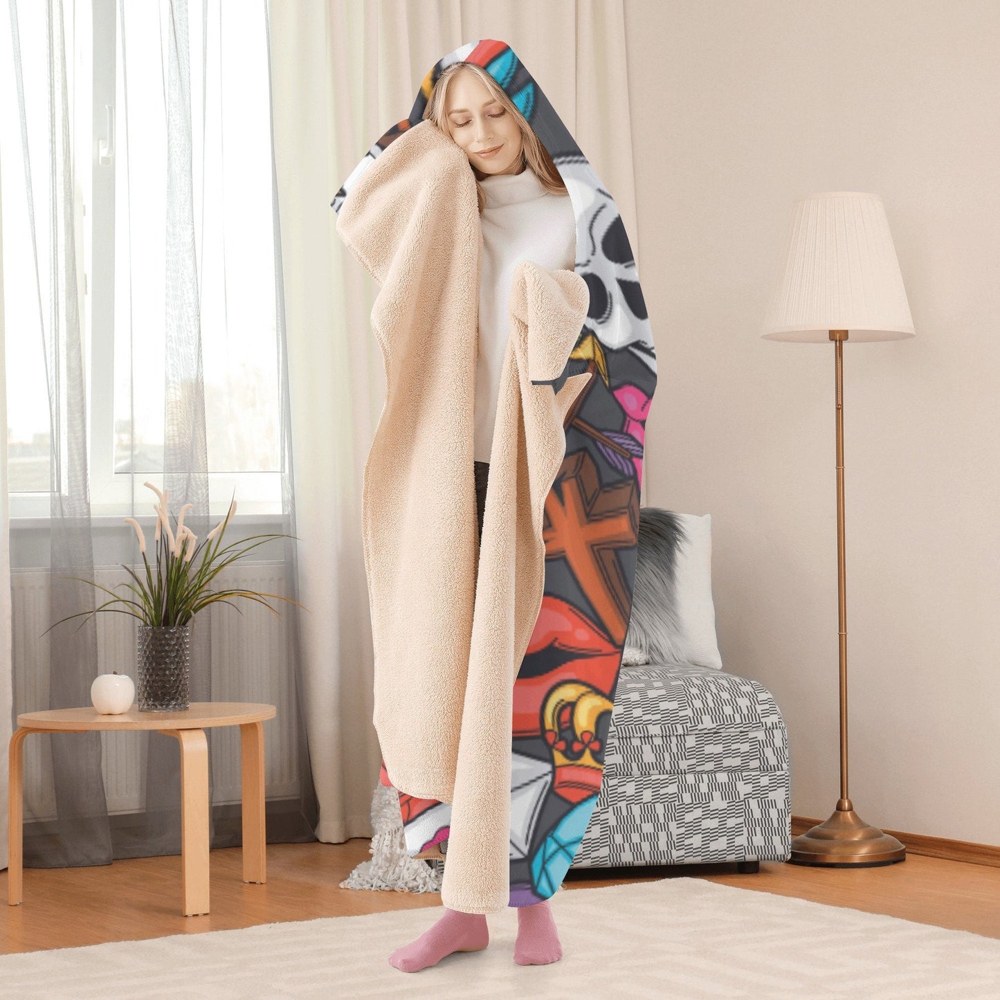 Halloween sherpa blanket, floral skull hoodie blanket, horror fleece blanket, floral skull sherpa blanket, grim reaper warm blanket hoodie