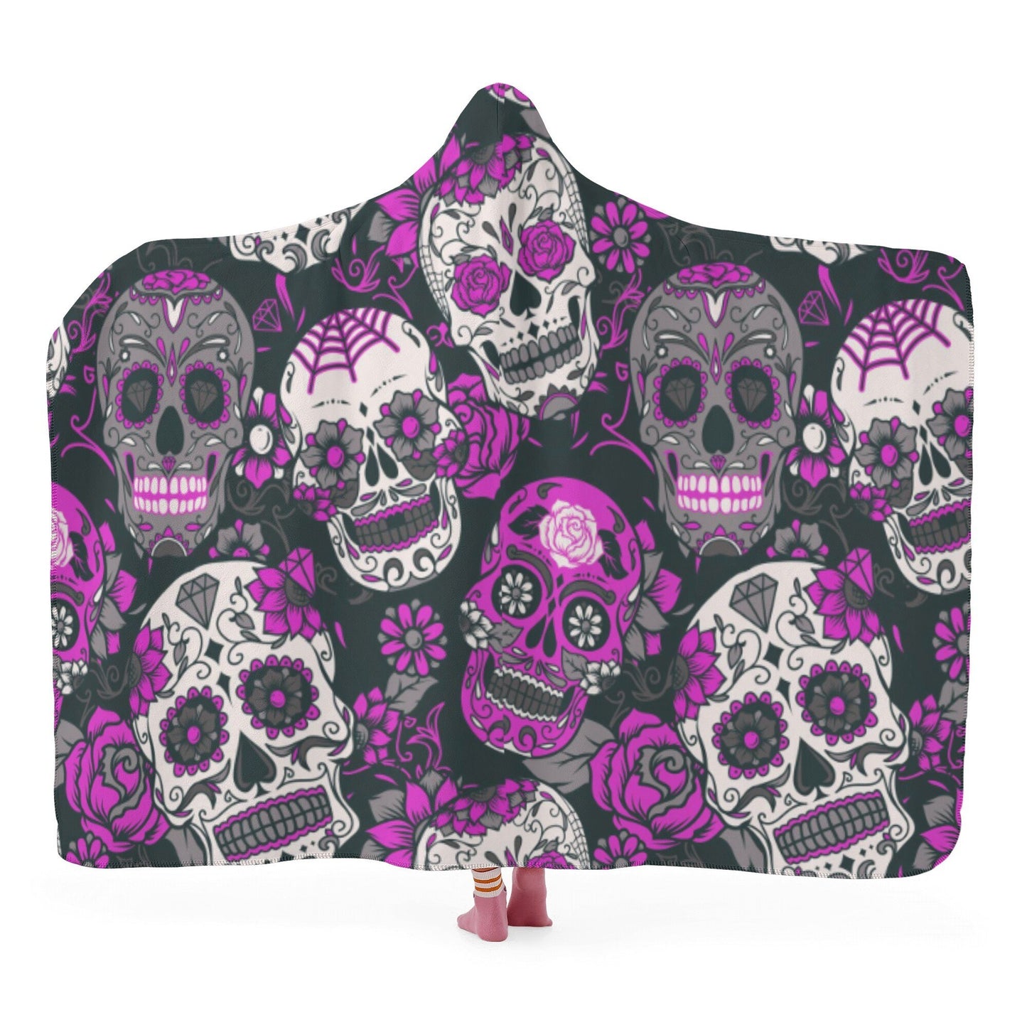 Day of the dead hoodie blanket, candy skull warm blanket, floral sugar skull throw hooded, mexican skull christmas hooded blanket hoodie