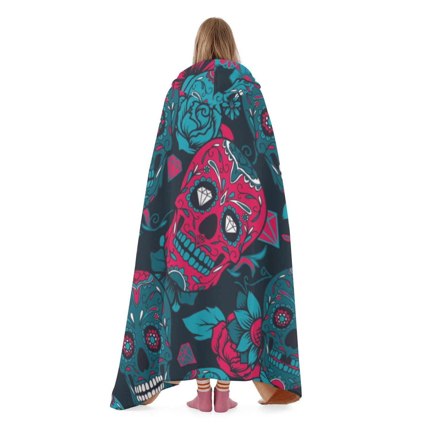 Day of the dead blanket hoodie, floral skull sherpa blanket, sugar skull girl hooded blanket, calaveras skull flannel hooded, cinco de mayo