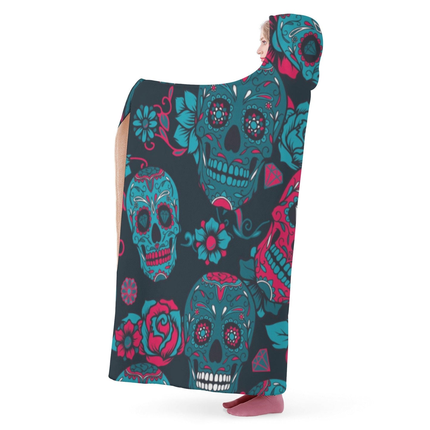 Day of the dead blanket hoodie, floral skull sherpa blanket, sugar skull girl hooded blanket, calaveras skull flannel hooded, cinco de mayo