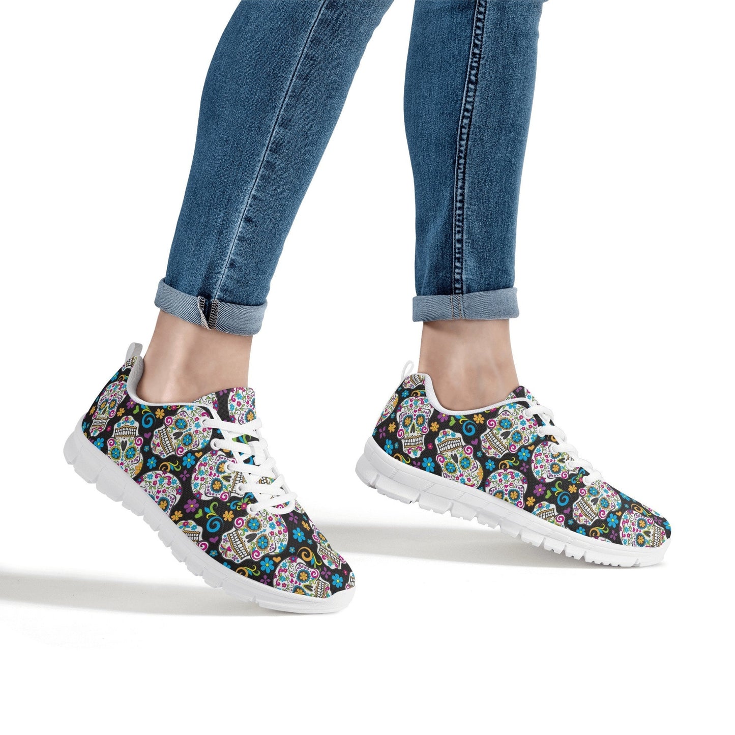 Floral sugar skull unisex sneakers, dia de los muertos skull lifestyle footwear, floral skull lifestyle footwear, floral sugar skull shoes