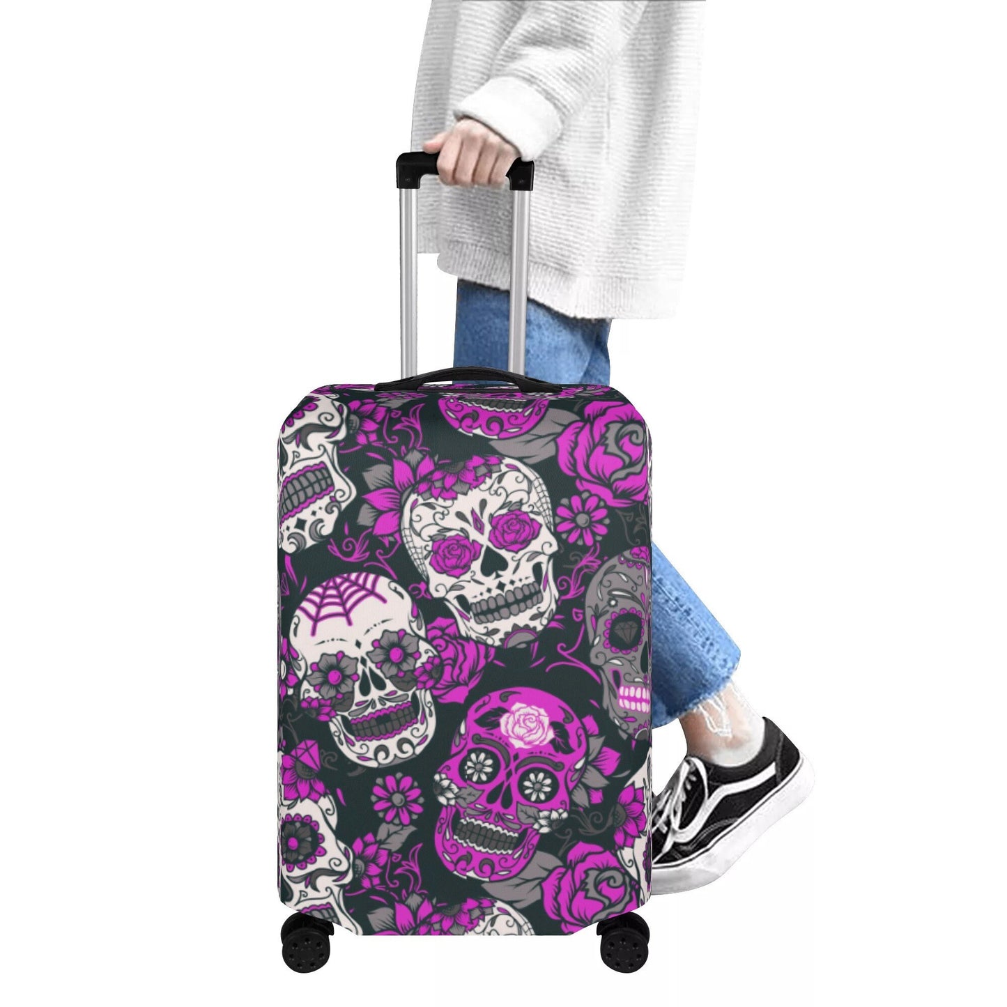 Floral skull washable luggage cover, sugar skull girl travel suitcase cover, candy skull coloful luggage cover, candy skull luggage cover
