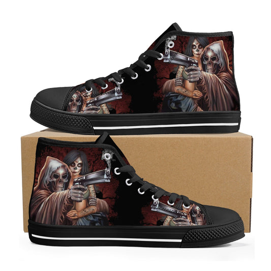 Grim reaper shoes for her, flame skull shoes gift, flower skull causual sneakers, horror shoes for her, biker skull hight top sneakers