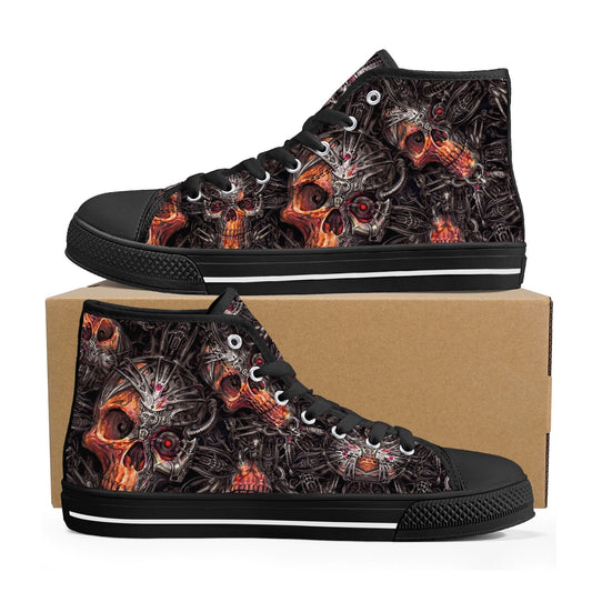 Biker skull shoes for her, flaming skull canvas shoes, flaming skull men sneakers, skull men shoes, flame skull gothic canvas shoes sneakers