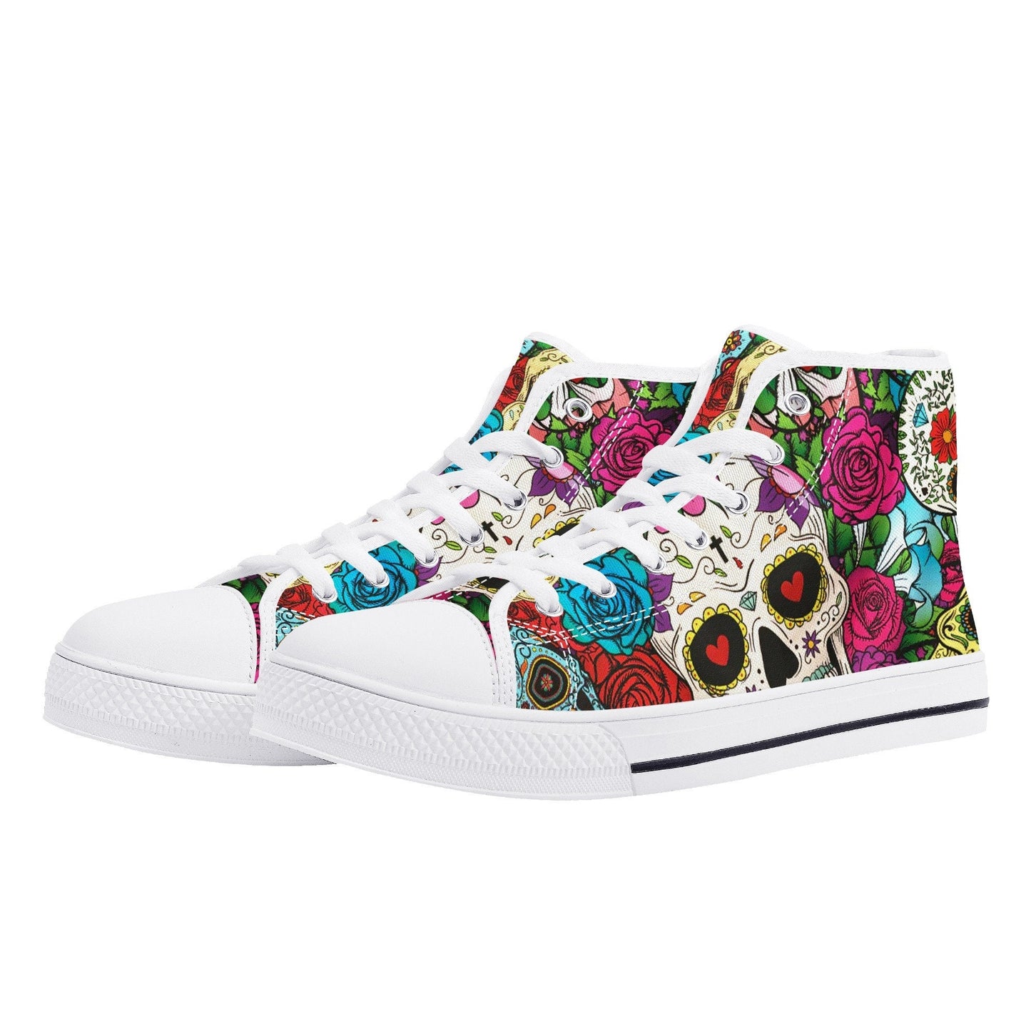 Dia de los muertos skull causual sneakers, calaveras skull high top shoes, floral skull causual shoes, mexico sneakers, mexican skull shoes