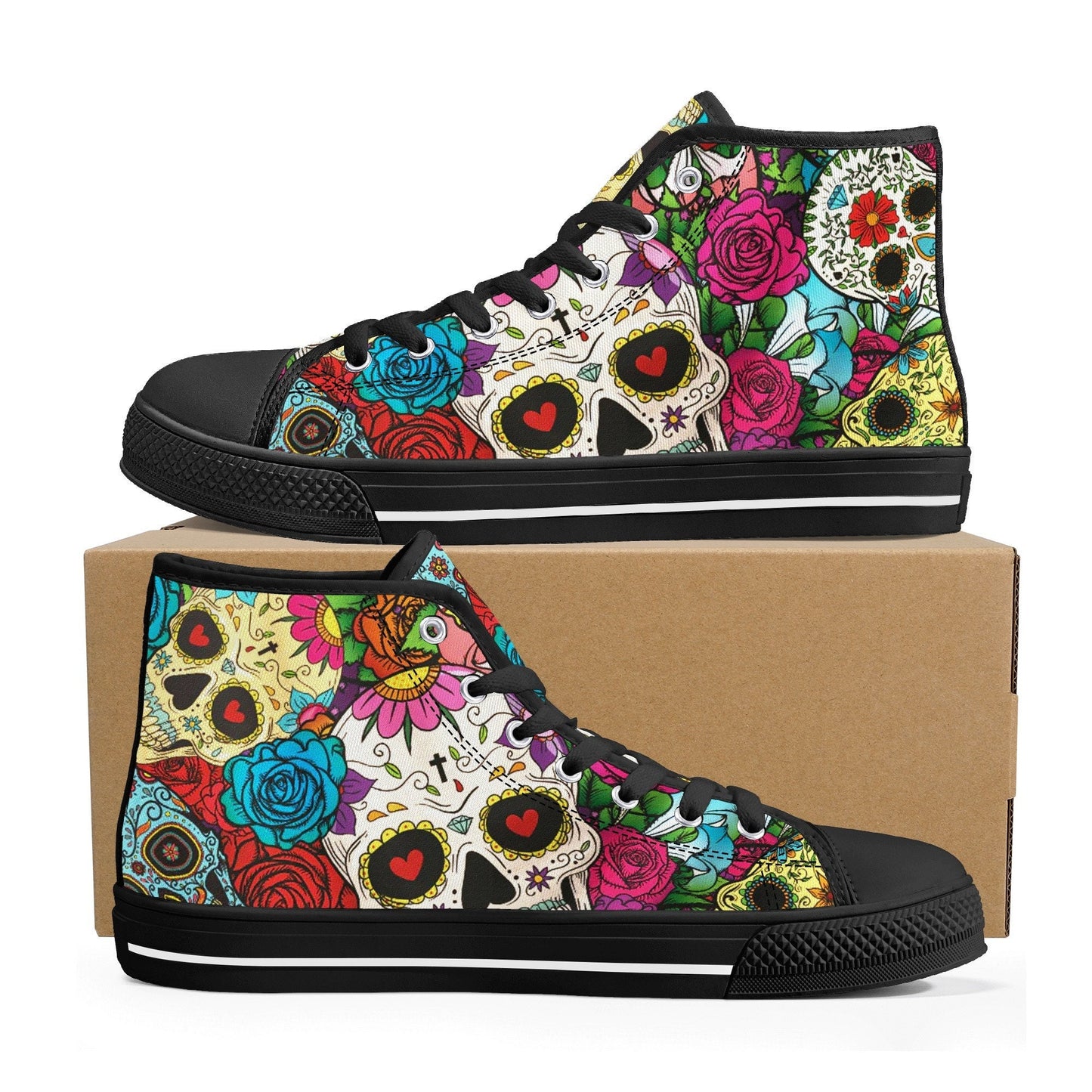 Dia de los muertos skull causual sneakers, calaveras skull high top shoes, floral skull causual shoes, mexico sneakers, mexican skull shoes