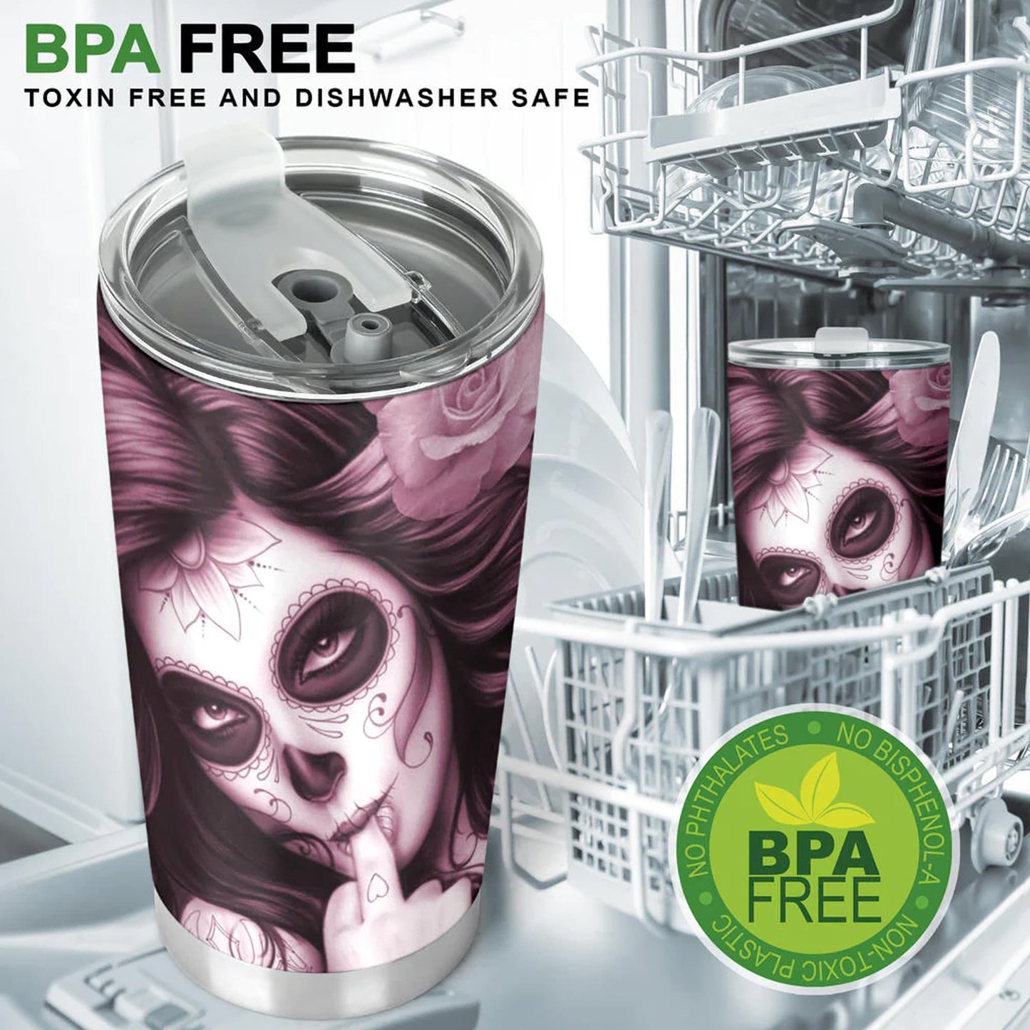 Day of the dead girl tumbler, sugar skull girl mug tumbler, Dia de los muertos  skull tumbler mug cup, candy skull gothic mug cup tumbler