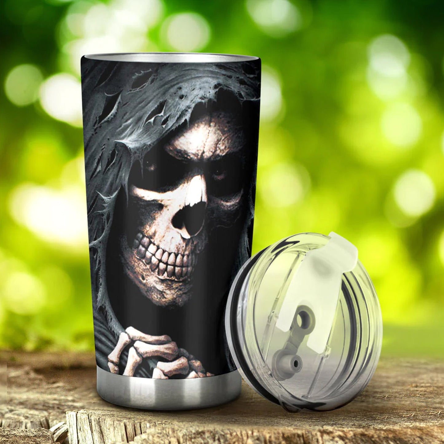Death tumbler, evil travel mug, skeleton tumbler, skull tumbler, flame skull mug, halloween mug, flower skull travel mug, motorcycle skull