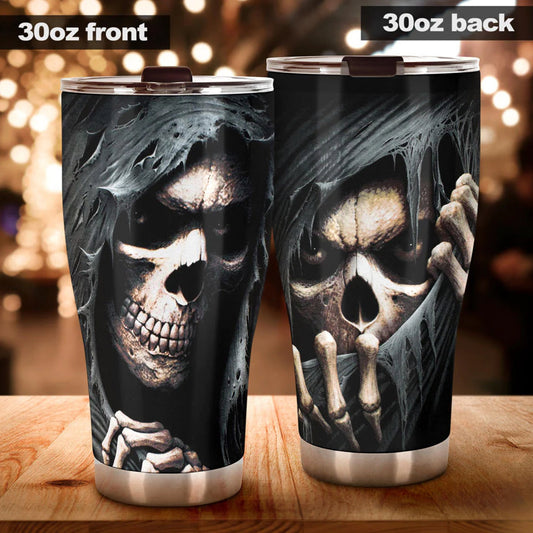 Death tumbler, evil travel mug, skeleton tumbler, skull tumbler, flame skull mug, halloween mug, flower skull travel mug, motorcycle skull