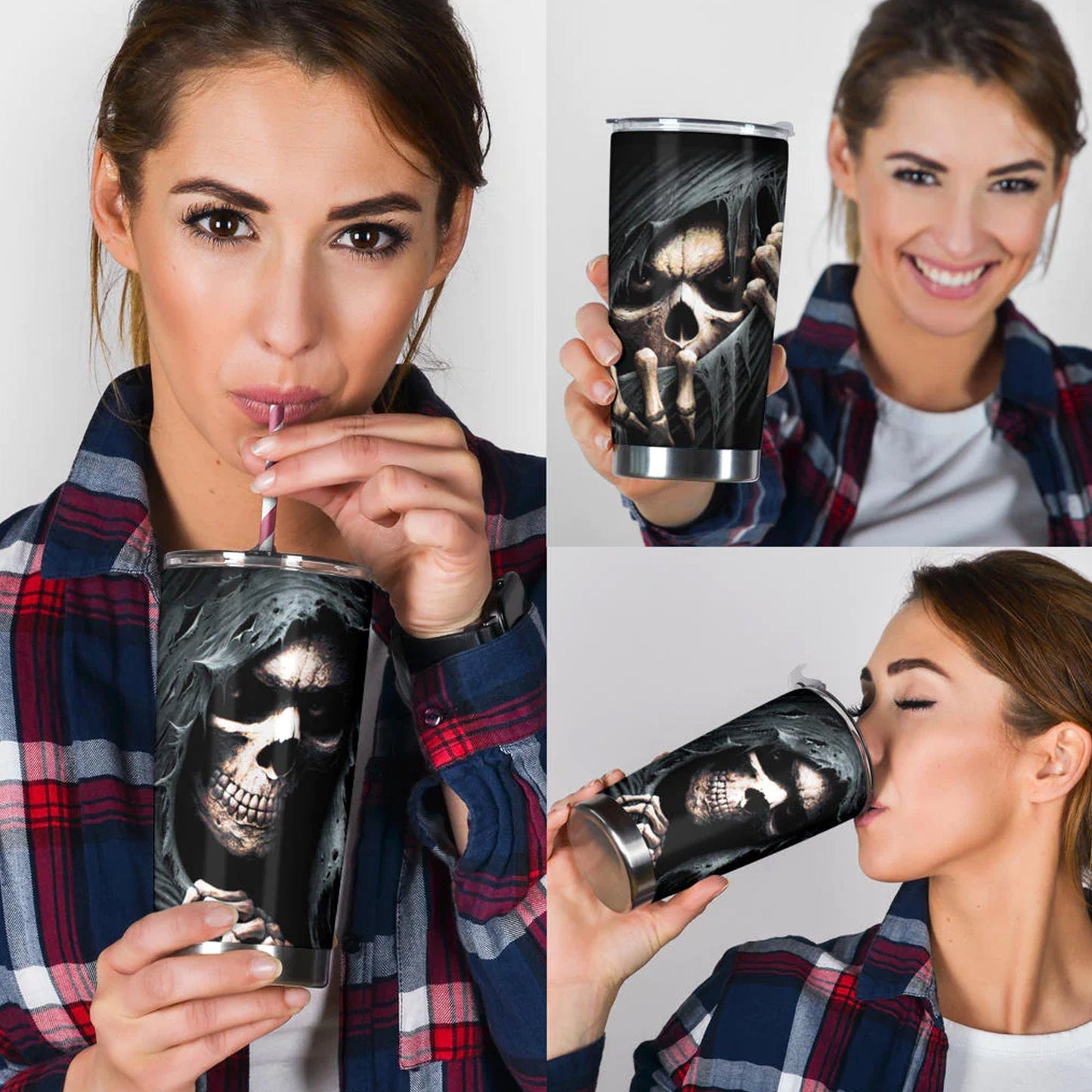Death tumbler, evil travel mug, skeleton tumbler, skull tumbler, flame skull mug, halloween mug, flower skull travel mug, motorcycle skull