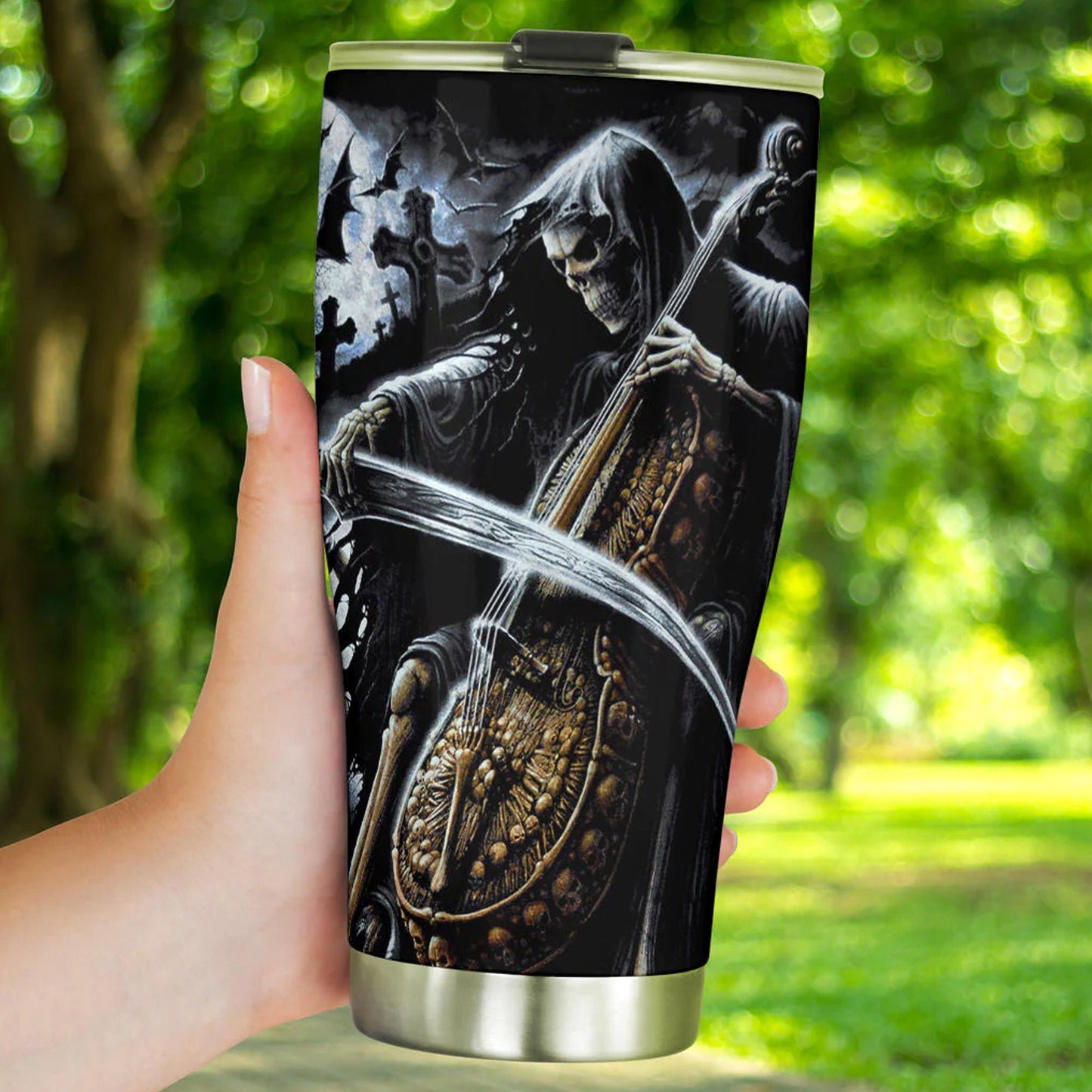 Grim reaper skull travel mug, evil tumbler, halloween skull cup, skeleton mug, grim reaper mug, gothic tumbler, gothic skull mug tumler cup