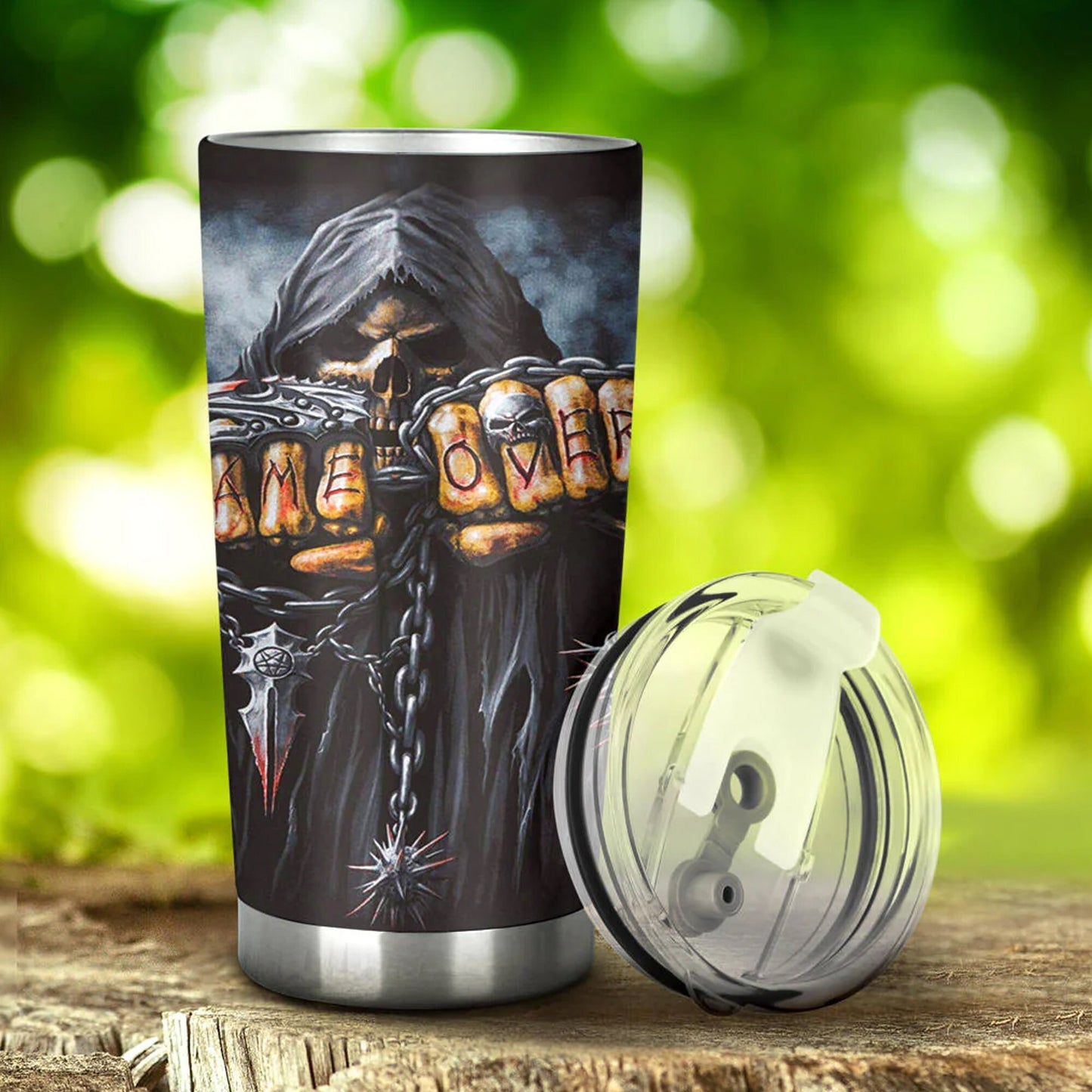 Biker skull tumbler, biker skull mug, gothic tumbler, biker skull travel mug, Grim reaper skull travel mug, goth cup, motorcycle skull mug