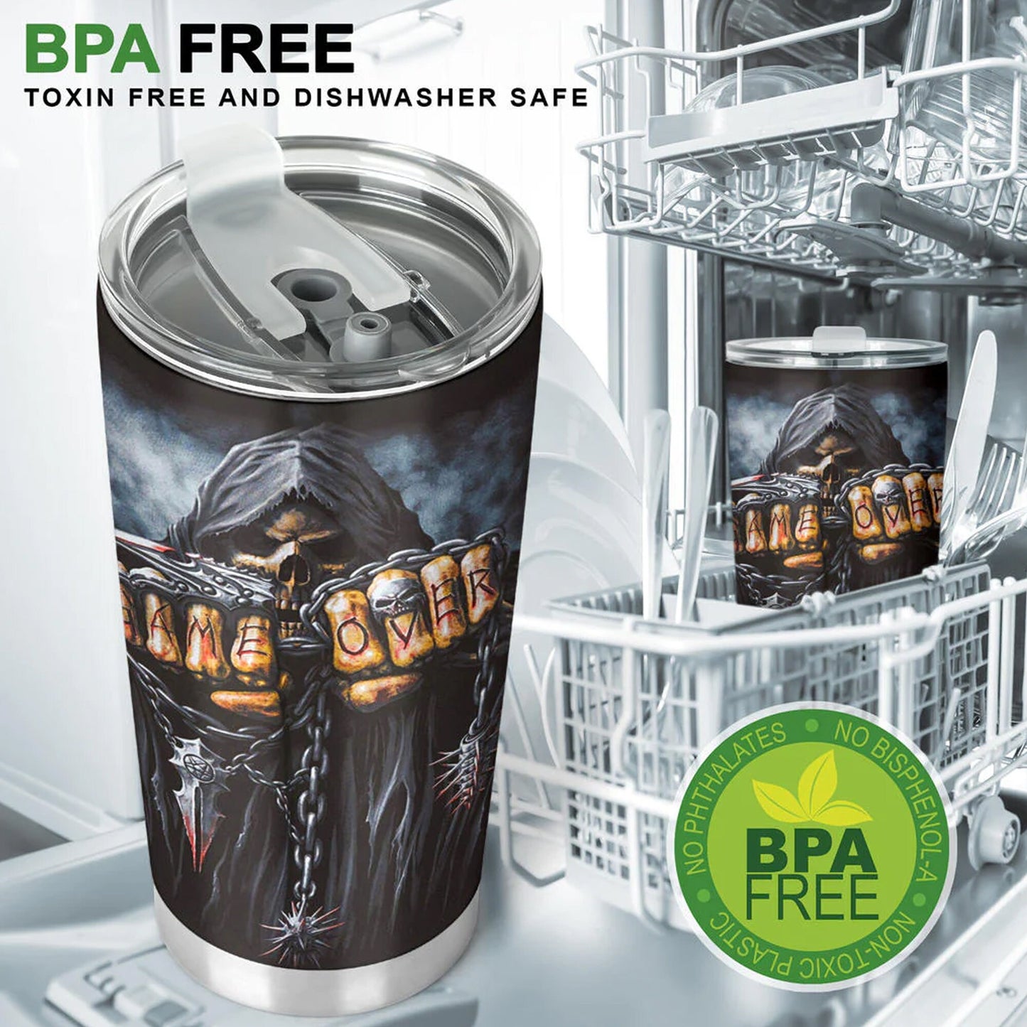 Biker skull tumbler, biker skull mug, gothic tumbler, biker skull travel mug, Grim reaper skull travel mug, goth cup, motorcycle skull mug