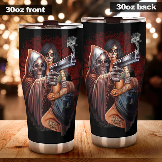 Flame skull travel mug, grim reaper mug, skeleton cup, grim reaper travel mug, flame skull tumbler, flaming skull tumbler, death travel mug