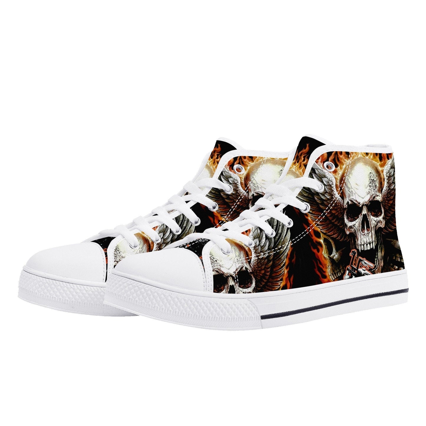 Biker skull hight top sneakers, flower skull canvas shoes, evil women shoes, motorcycle skull canvas shoes, Motorcycle women sneakers shoes