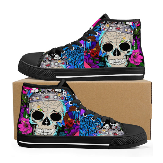 Flower skull high top shoes, flower skull shoes, floral skull women shoes biker skull women shoes motorcycle skull shoes for him, goth shoes
