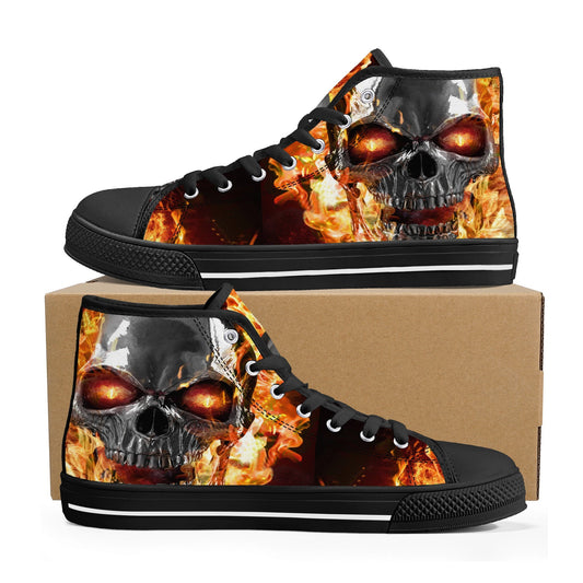Biker skull canvas shoes, horror shoes, punisher skull high top shoes, horror canvas shoes motorcycle skull shoes evil flame skull men shoes