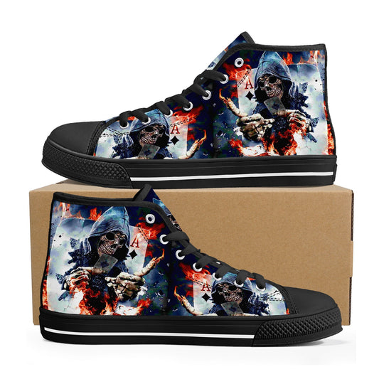Gothic skull men sneakers, rose skull canvas shoes, horror shoes, skull in fire shoes gift, gothic skull high-top shoes, biker skull shoes