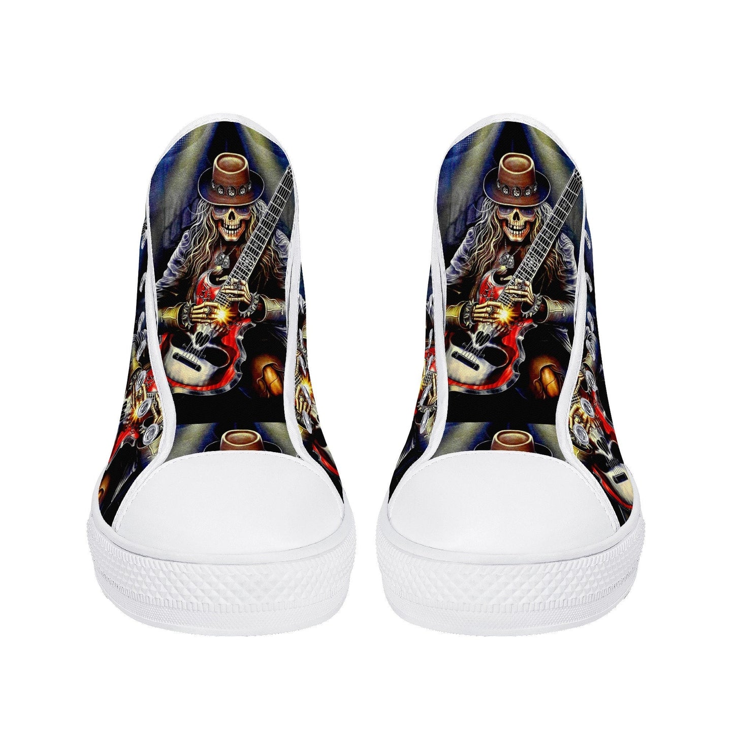 Guitarist skull high top shoes, goth high-top shoes, floral skull shoes for her, biker skull men sneakers, skeleton gothic women sneakers