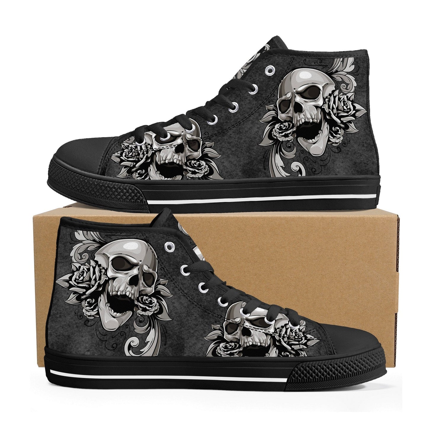 Gothic skull canvas sneakers, gothic skull shoes gift, flower skull women shoes, rose skull canvas shoes, goth canvas shoes, skull hight top