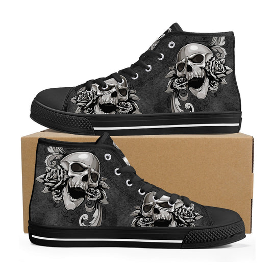 Gothic skull canvas sneakers, gothic skull shoes gift, flower skull women shoes, rose skull canvas shoes, goth canvas shoes, skull hight top
