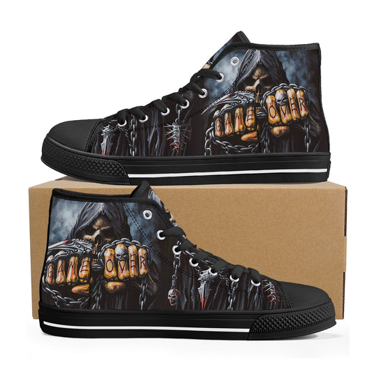 Grim reaper game over skull canvas shoes, reaper skull high top shoes biker skull shoes gift horror causual shoes biker skull high-top shoes