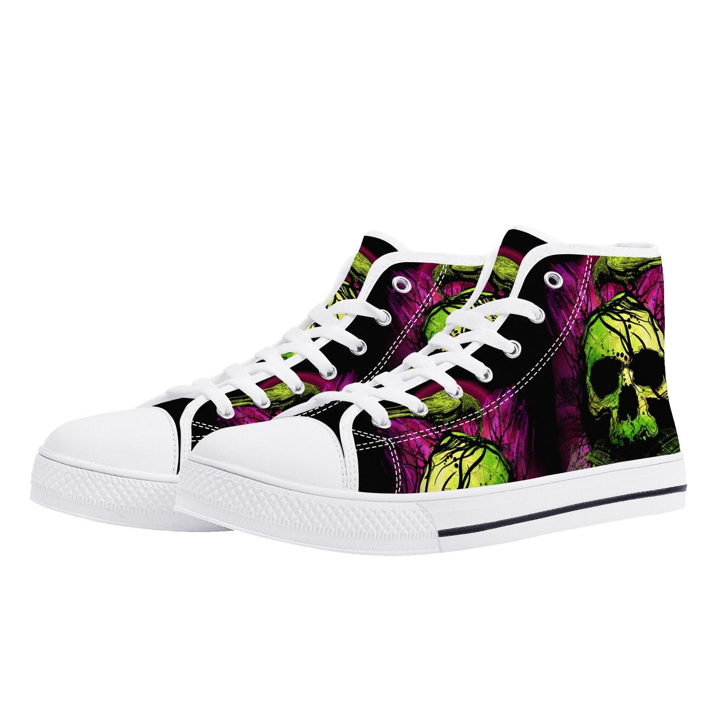 Goth high top shoes, flaming skull shoes for her, grim reaper causual shoes, skeleton shoes for her, gothic skull men sneakers, rose skull