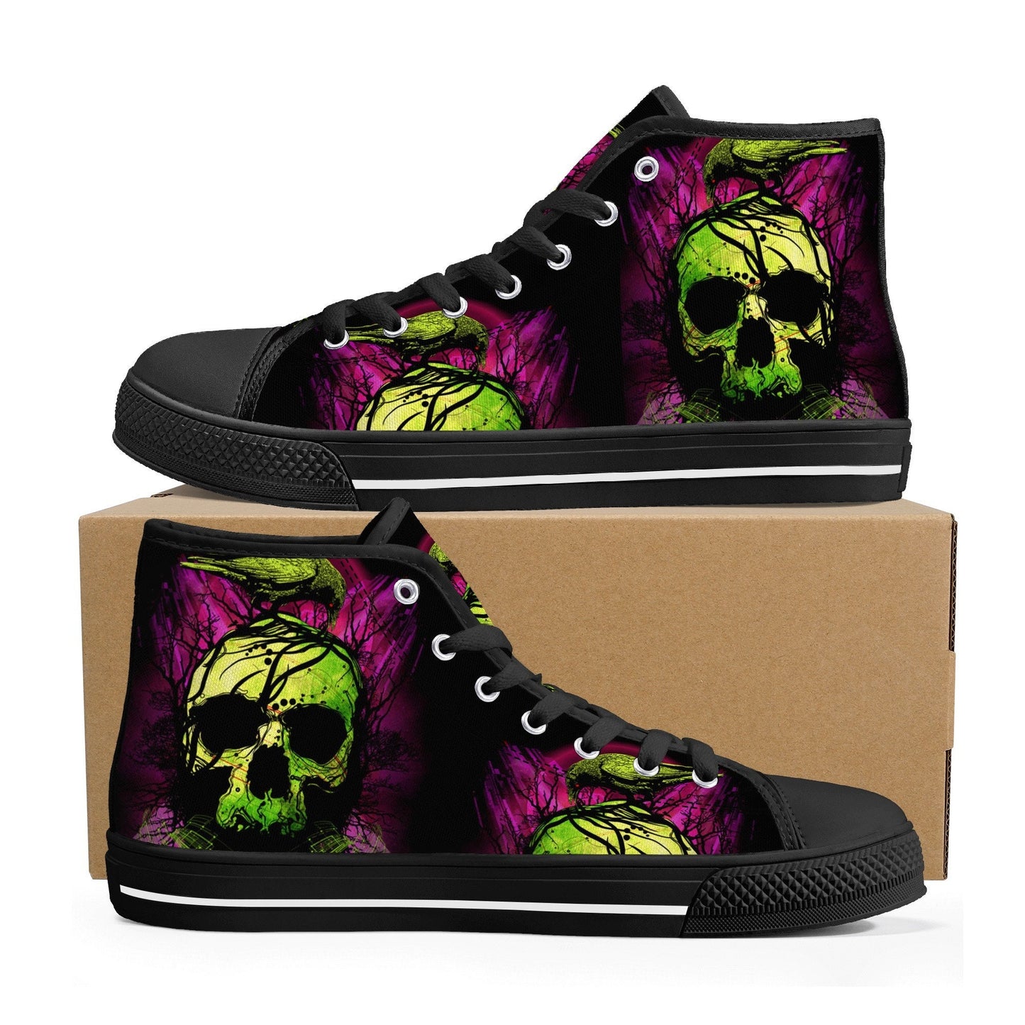 Goth high top shoes, flaming skull shoes for her, grim reaper causual shoes, skeleton shoes for her, gothic skull men sneakers, rose skull