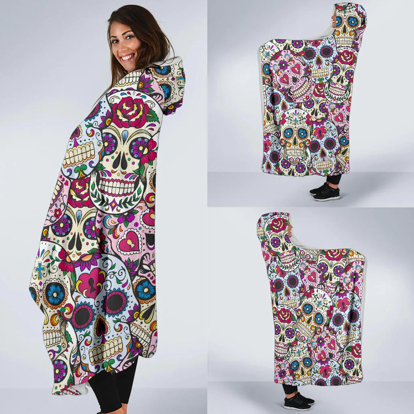 Sugar skull hooded blanket, Halloween candy skull blanket hoodie, Day of the dead hoodie blanket, Calaveras Mexican skull hoodie blanket