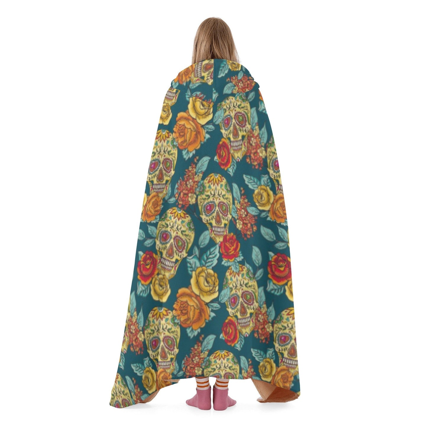 Calaveras skull hooded blanket adult, mexico flannel hooded, dia de los muertos skull christmas hooded blanket, candy skull hoodie blanket