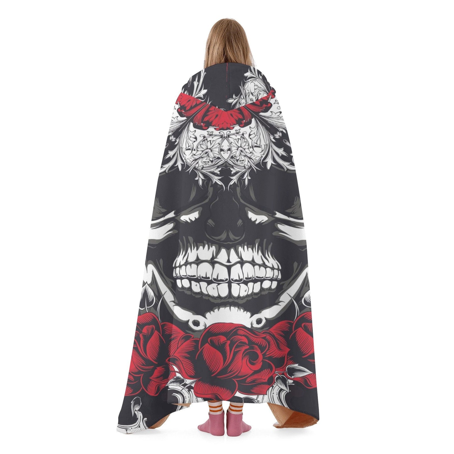 Rose skull fleece blanket, flame skull throw hooded, death skull warm blanket, halloween sherpa blanket, skull christmas hooded blanket