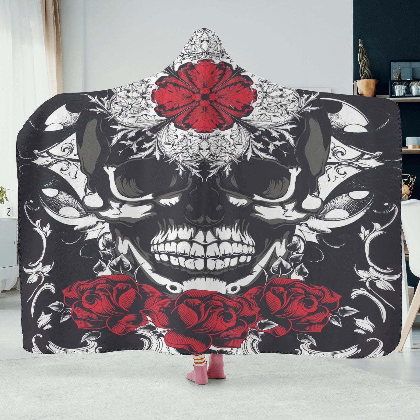 Rose skull fleece blanket, flame skull throw hooded, death skull warm blanket, halloween sherpa blanket, skull christmas hooded blanket