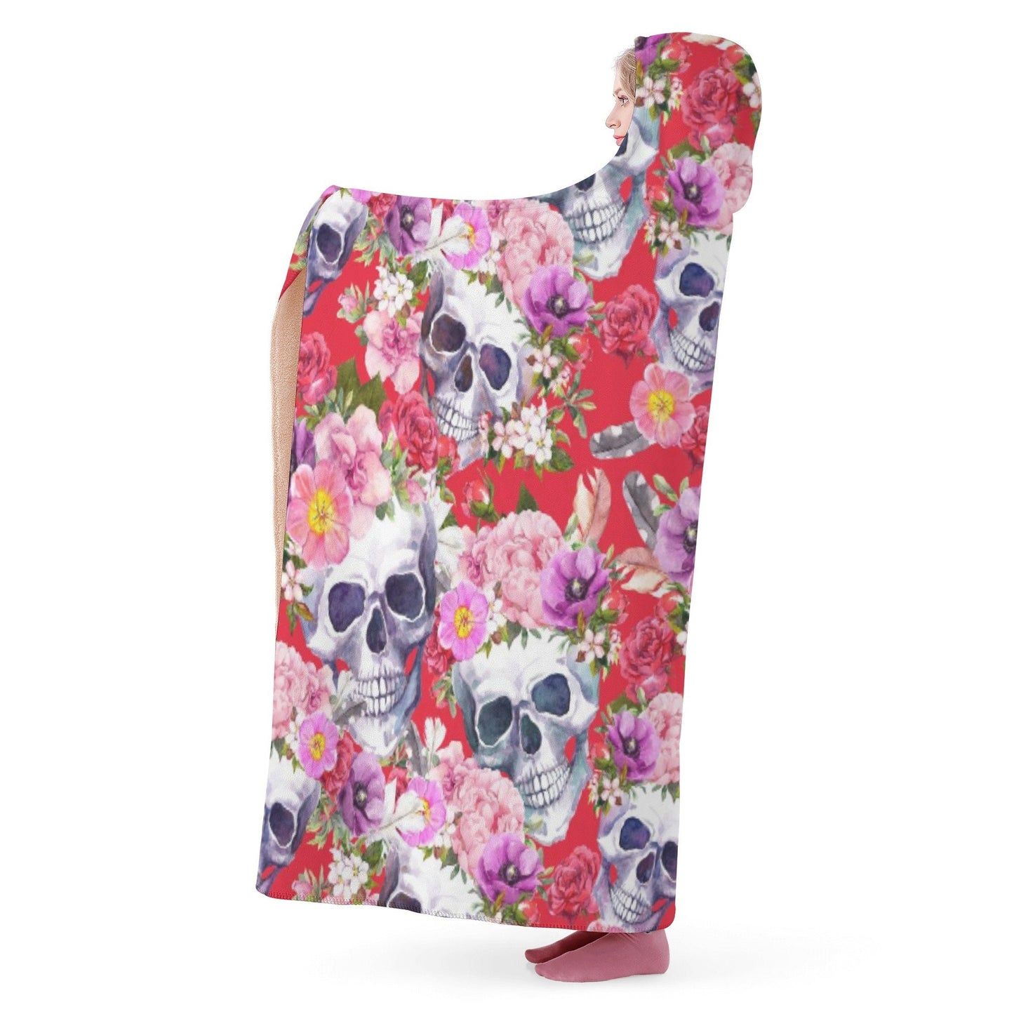 Floral Horror hooded blanket, rose hooded fleece blanket, punisher skull christmas hoodie, skeleton hooded blanket adult, rose skull blanket