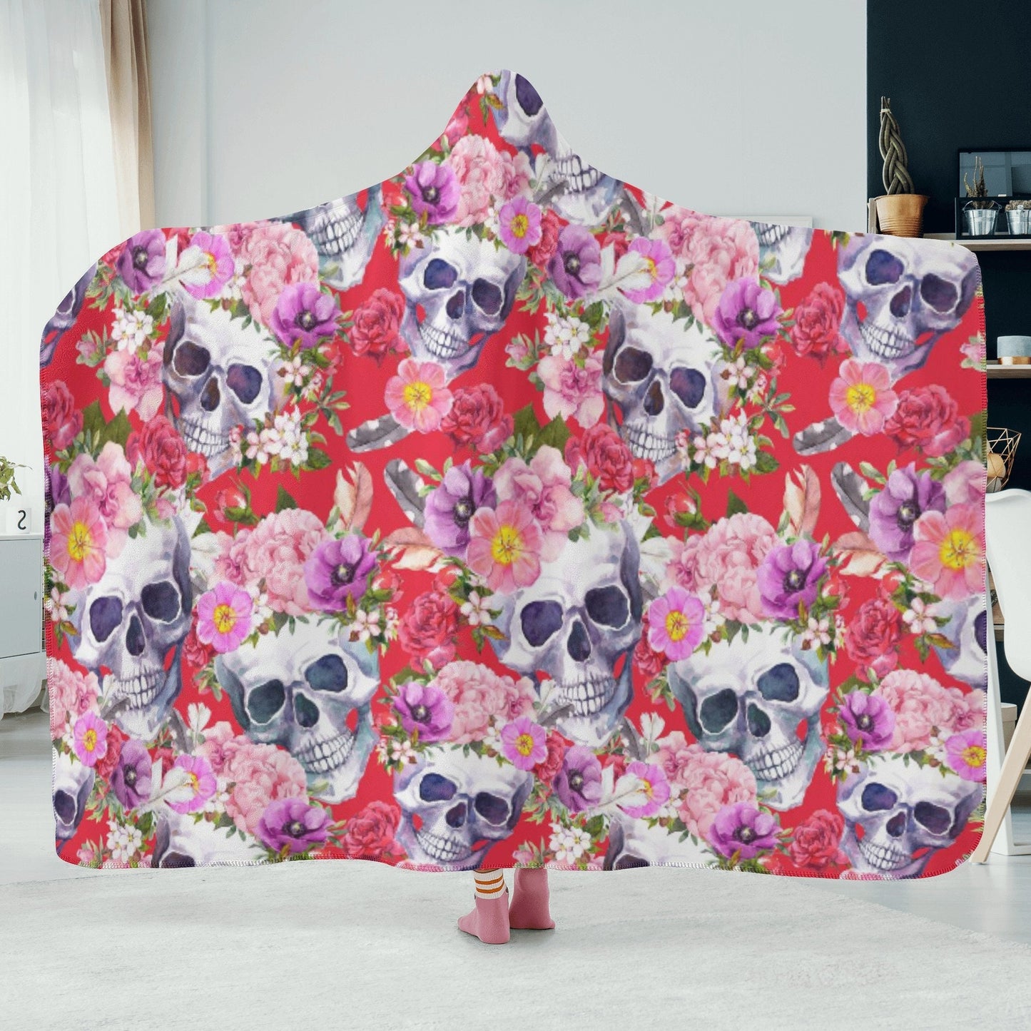 Floral Horror hooded blanket, rose hooded fleece blanket, punisher skull christmas hoodie, skeleton hooded blanket adult, rose skull blanket