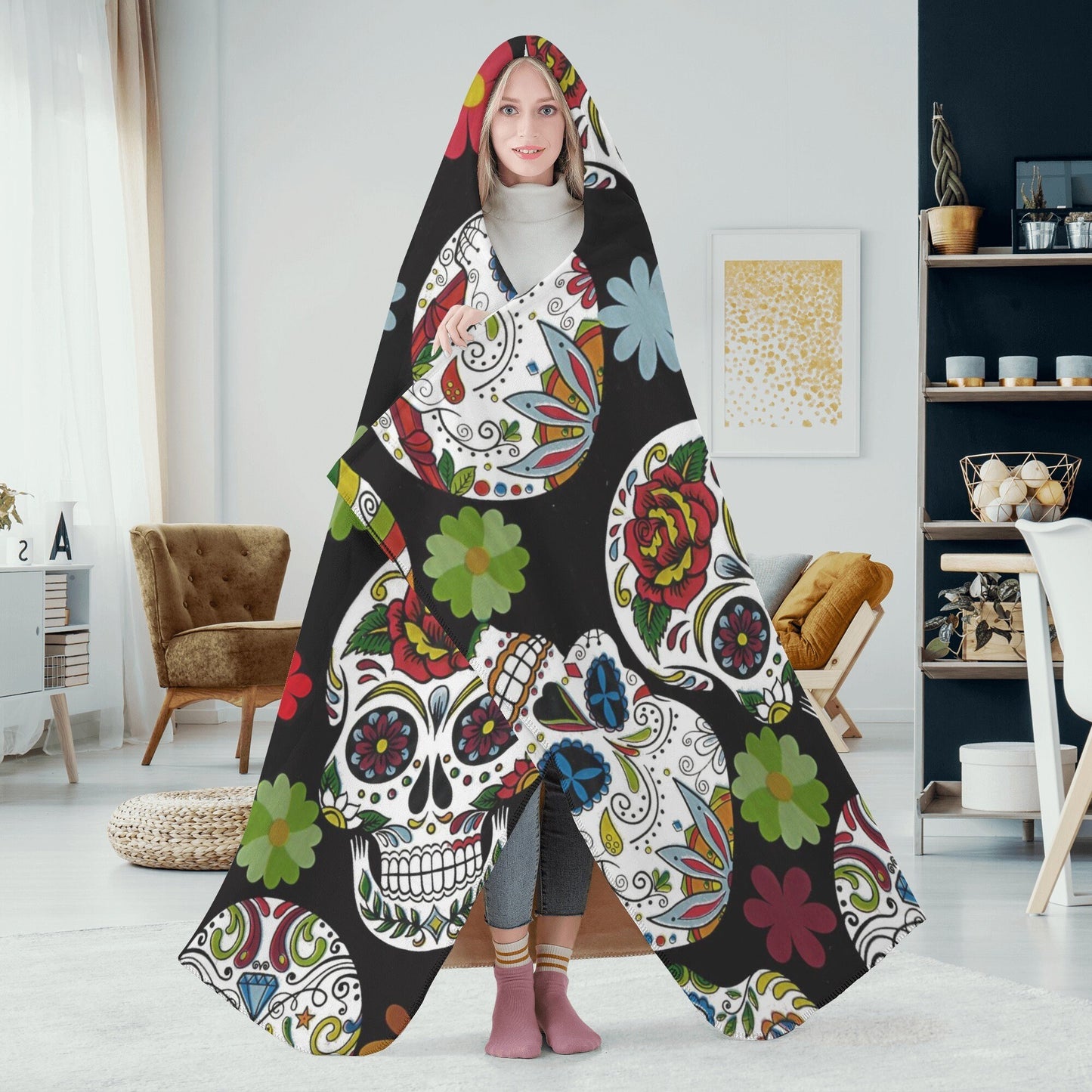 Dia de los muertos skull blanket hoodie, sugar skull hooded blanket adult, cinco de mayo skull christmas hooded blanket, sugar skull blanket