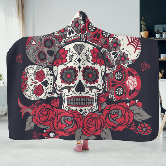 Dia de los muertos skull blanket hooded, calaveras skull sherpa blanket, floral skull warm blanket, cinco de mayo skull hoodie blanket