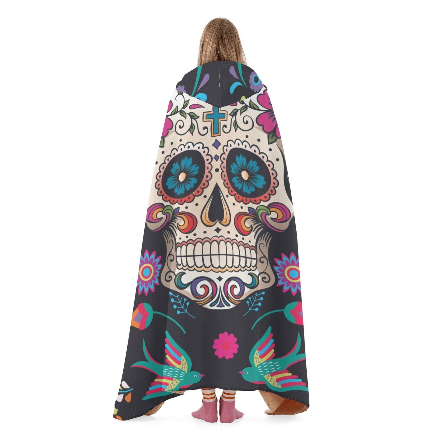 Mexican skull warm blanket, mexico hoodie blanket day of the dead sherpa blanket floral skull flannel hooded mexican skull christmas blanket