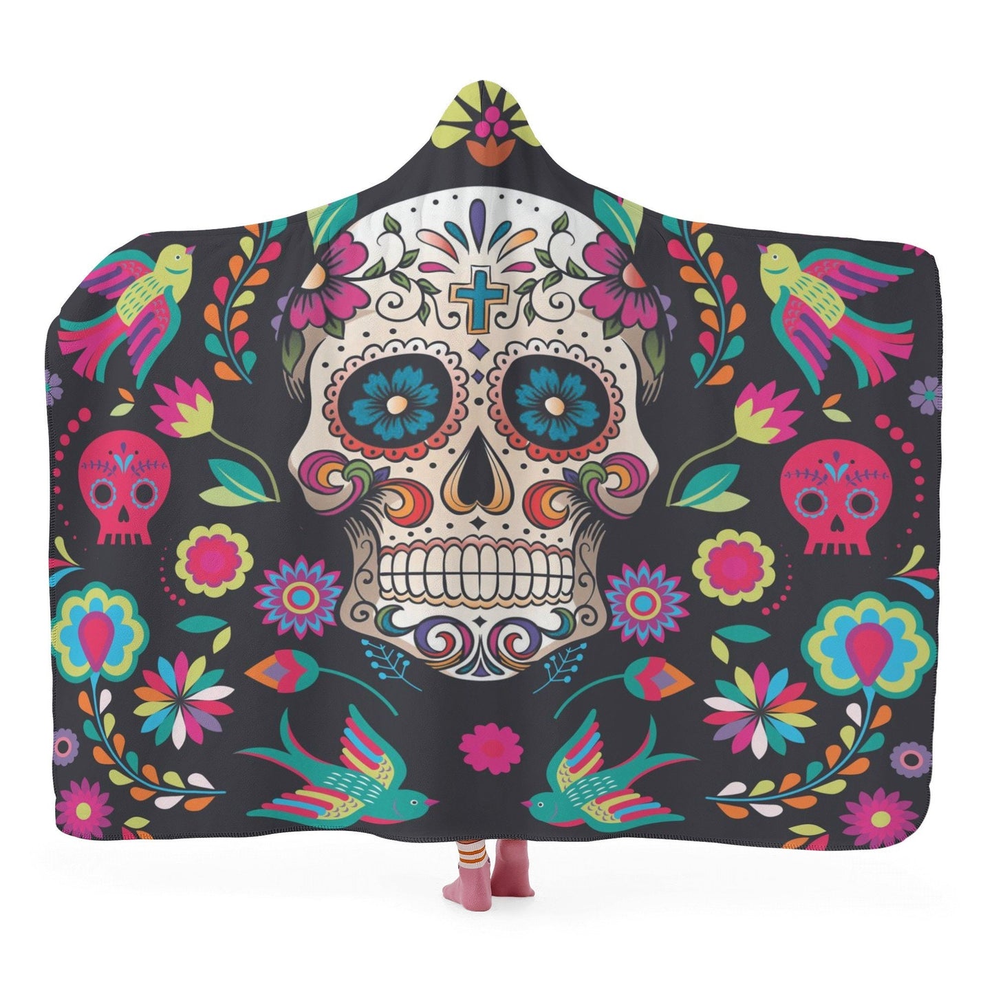 Mexican skull warm blanket, mexico hoodie blanket day of the dead sherpa blanket floral skull flannel hooded mexican skull christmas blanket
