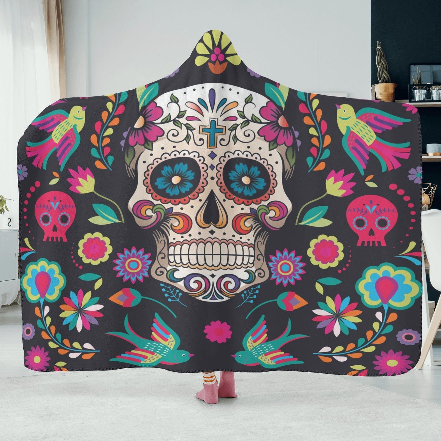 Mexican skull warm blanket, mexico hoodie blanket day of the dead sherpa blanket floral skull flannel hooded mexican skull christmas blanket