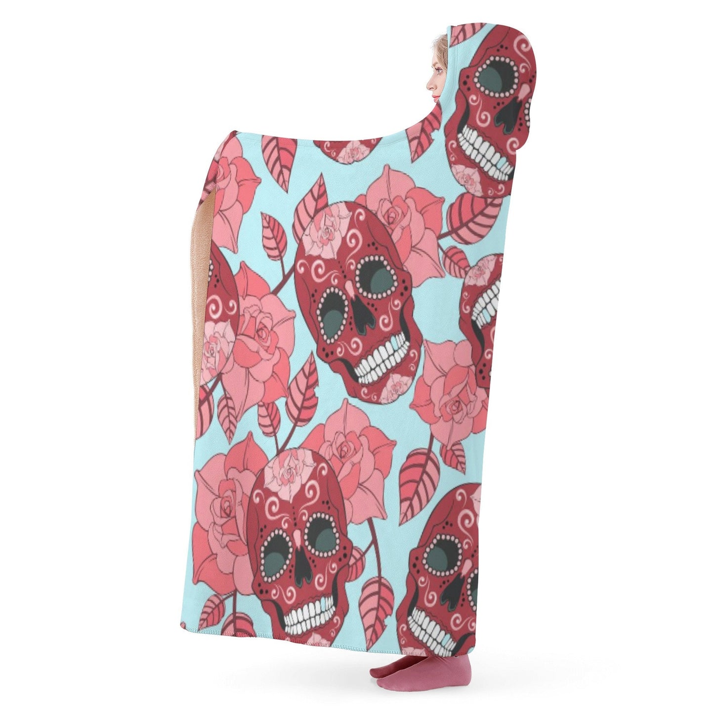 Dia de los muertos skull hooded blanket, sugar skull girl blanket hoodie dia de los muertos skull hooded fleece blanket, candy skull blanket