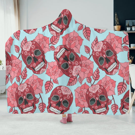 Dia de los muertos skull hooded blanket, sugar skull girl blanket hoodie dia de los muertos skull hooded fleece blanket, candy skull blanket