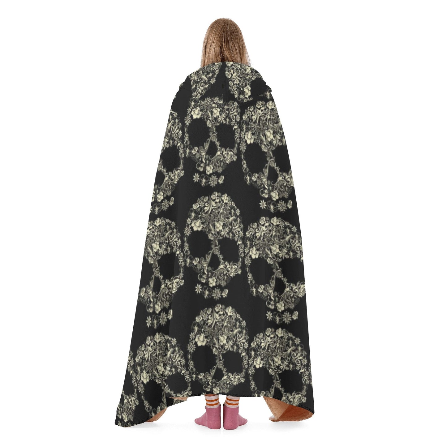 Candy skull blanket hoodie, floral sugar skull hooded blanket adult, calaveras skull warm blanket, mexican skull flannel hooded blanket